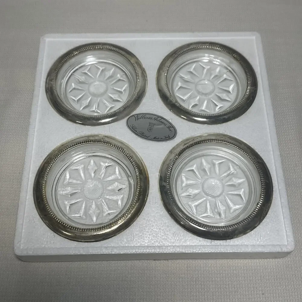 Coasters Boxed Set of 4 William Adams 1960's, Silver Plated, Made in Italy